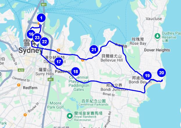 Big Bus Sydney 藍線 - 邦迪海灘線路線圖